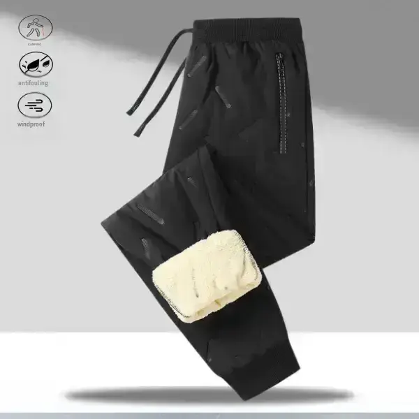 Men's Athletic Plain Black Button-Free Fleece-Lined Mid-Waist Ankle-Length Regular-Leg Joggers, Adjustable Drawstring Waistband, Zippered Pockets, Machine Washable, Cozy Warm for Autumn Winter Strolls
