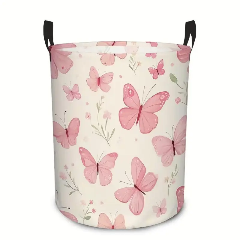 1pc, Pink Butterfly Floral Pattern Round Laundry Basket with Handle, Suitable for Clothes, Miscellaneous Items, Etc. - Ideal for Bathrooms, Closets, Bedroom Organization, Laundry Room Accessories, Laundry Baskets
