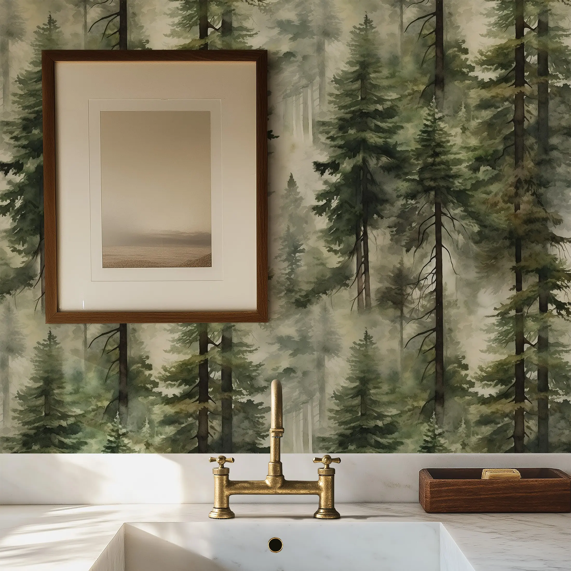 Watercolor Forest Fog Self-Adhesive Wallpaper, Pine Tree Pattern, Cuttable, 17.7x118.11 Inches, Washable, Removable, Home Decor