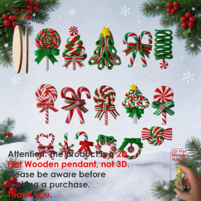 16pcs Wooden Candy Decorative Hanging Ornaments, Holiday Ornament, Christmas Tree Decor, Party Decoration, Gift for Family Friends, Includes Rope for Easy Hanging
