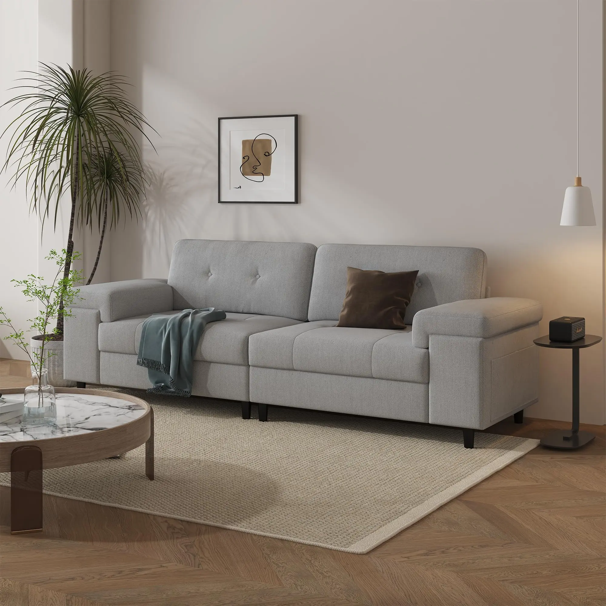 85" Modern Chenille Sofa with Adjustable Armrests, Deep Seat 3-Seater Couch with Button-Tufted Back, Multi-Functional Upholstered Loveseat for Living Room & Bedroom, Easy Assembly