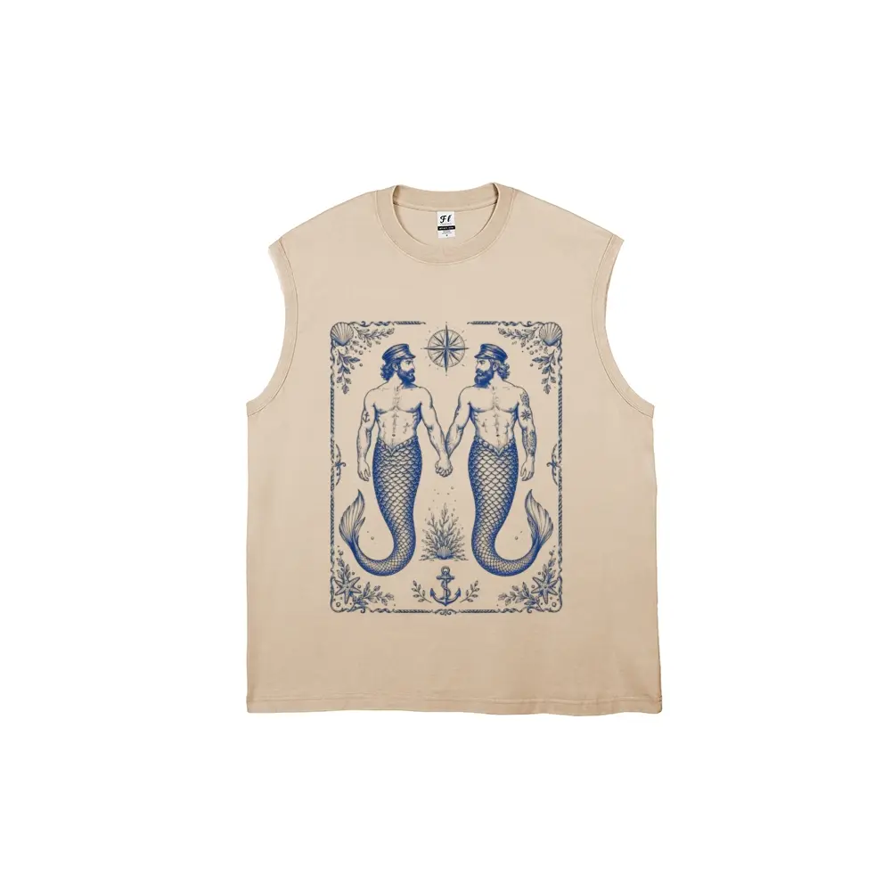 Men Beige Vintage Sleeveless Cut Off Tank Top, Retro Sailor Merman Couple Holding Hands Nautical Anchor Compass Graphic Muscle Vest, Gay Pride Ocean Themed Crew Neck Casual Streetwear Workout Shirt,back to school,back to school shopping