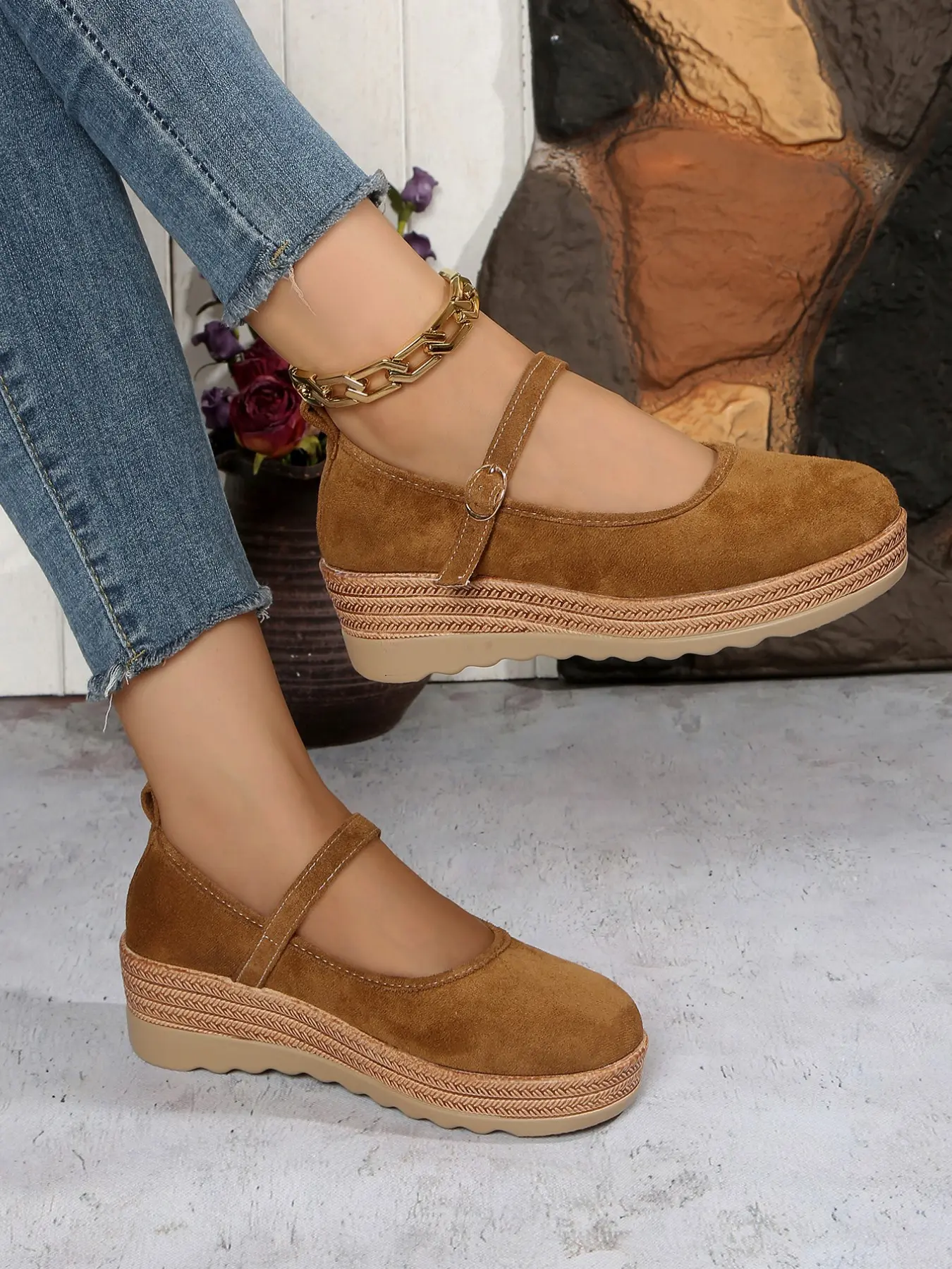 Vintage Mary Jane Shoes for Women, Buckle Straw Wedge Heels, Round Toe Low Top Platform Shoes, Casual Anti-Slip Comfortable Footwear