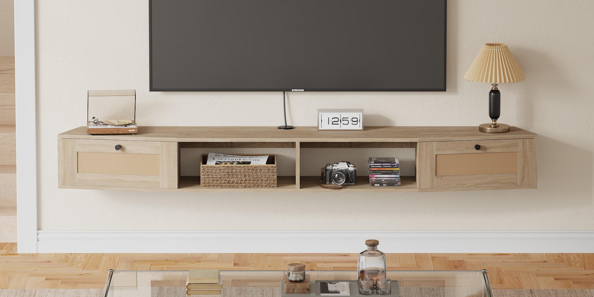 70"x8" Modern Floating TV Cabinet, Wall-Mounted with Rattan-Woven Drawers & Open Shelf, Space-Saving Design for 55-75 Inch TVs, Ideal for Living Room, Bedroom, Light Brown