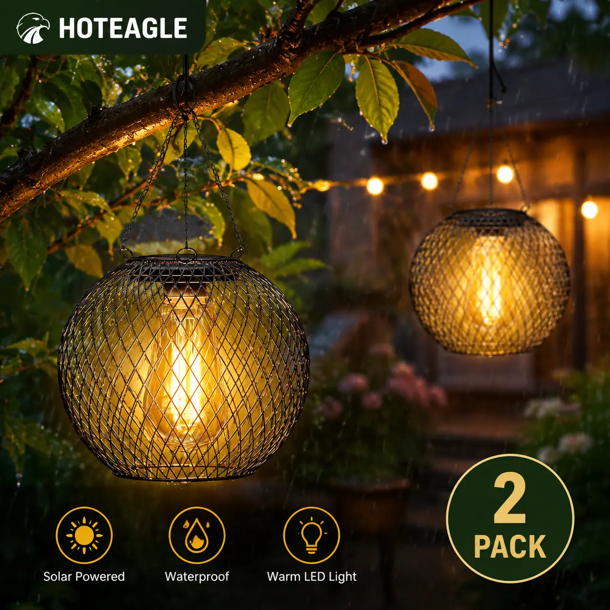 HOTEAGLE Solar Hanging Lights, Waterproof Outdoor Decorative Globe Lanterns with Vintage Edison Bulb, LED Retro Metal Mesh Pendant Light for Garden, Patio, Yard, Tree Decor (Black-2-Pack)