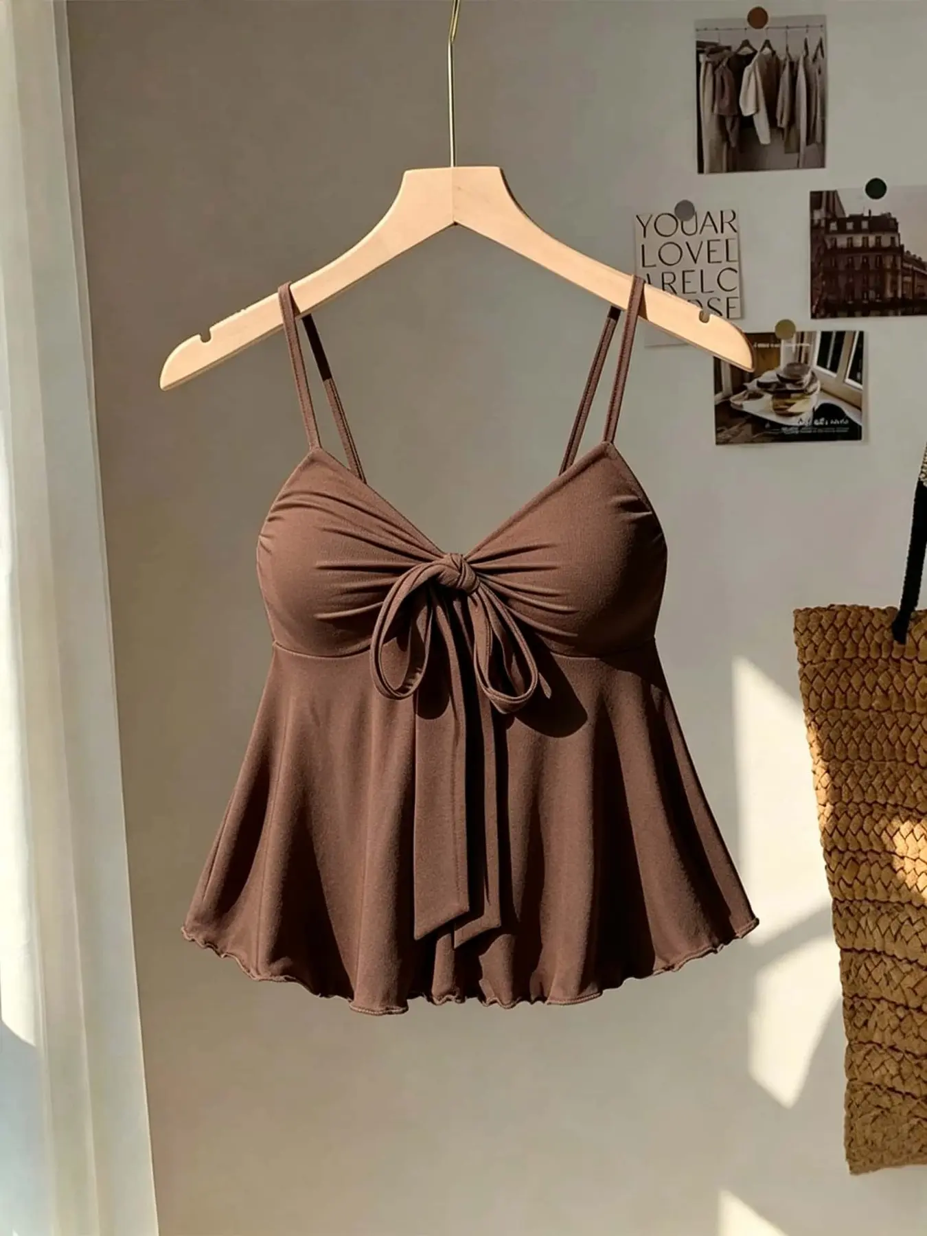 Women's V-Neck Halter Top with Large Bow, Slim Strap Waist Cinch, A-Line Ruffle Hem, Soft Pure Desire Beach Resort Sleeveless Top