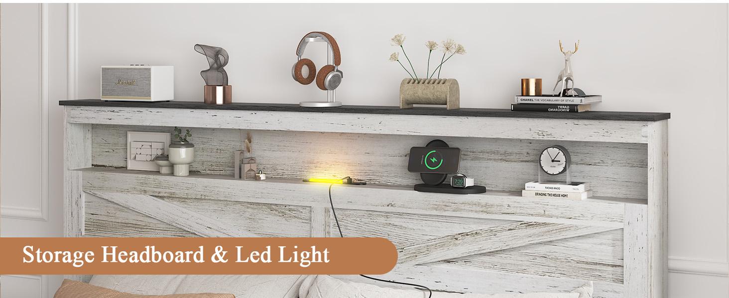 ARCH Queen Bed Frame Farmhouse, Queen Size Bed Frame with Storage Headboard & LED Lights, Charging Station Boho Platform Bed, Queen Bed Frame Metal Slats No Box Spring Needed Bedroom Set