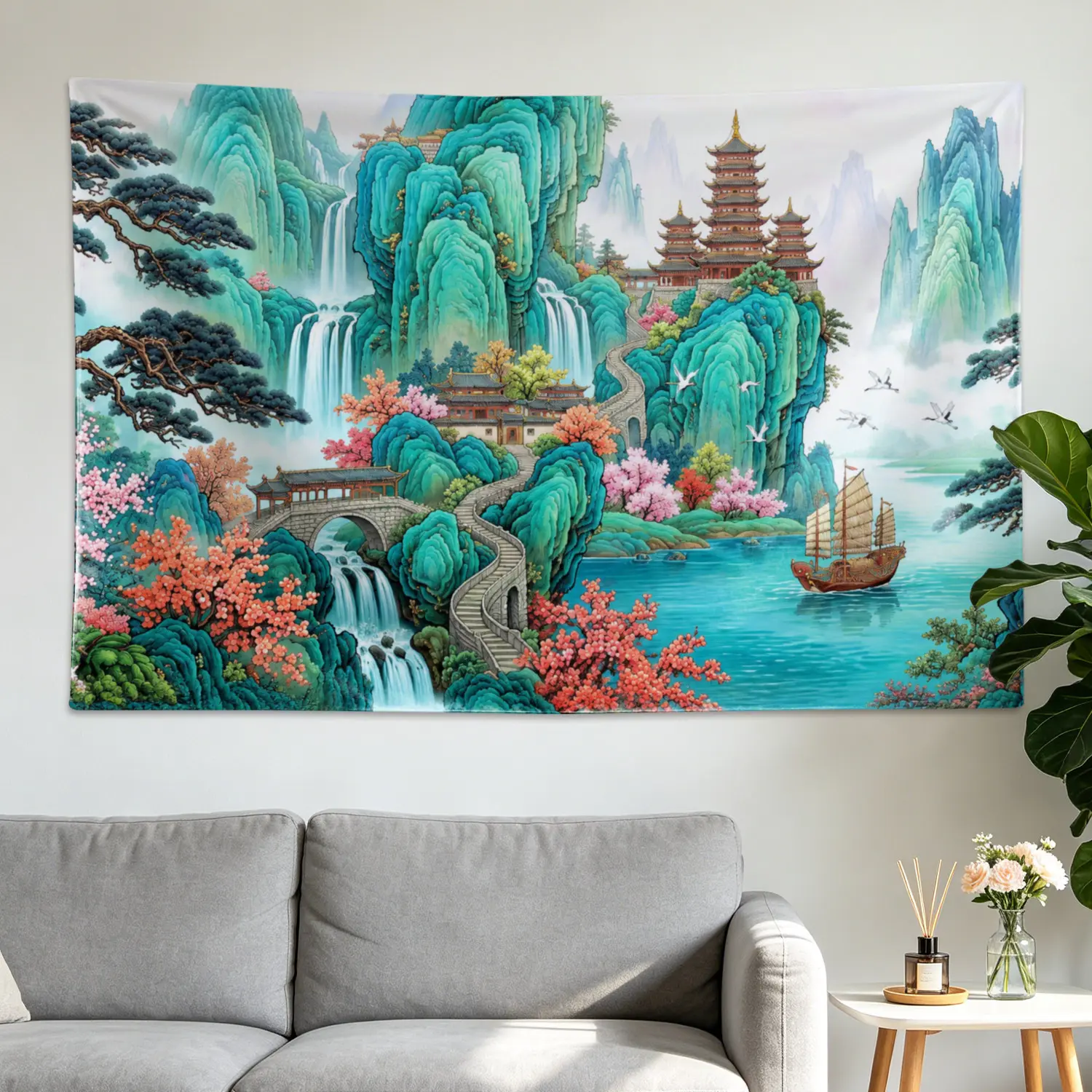 Oriental Landscape Print Wall Tapestry - Multi-Size Polyester Artwork, Large Horizontal Printed Wall Hanging Decor for Living Room-Bedroom, No Installation Required, Indoor-Outdoor Room Decor Gift
