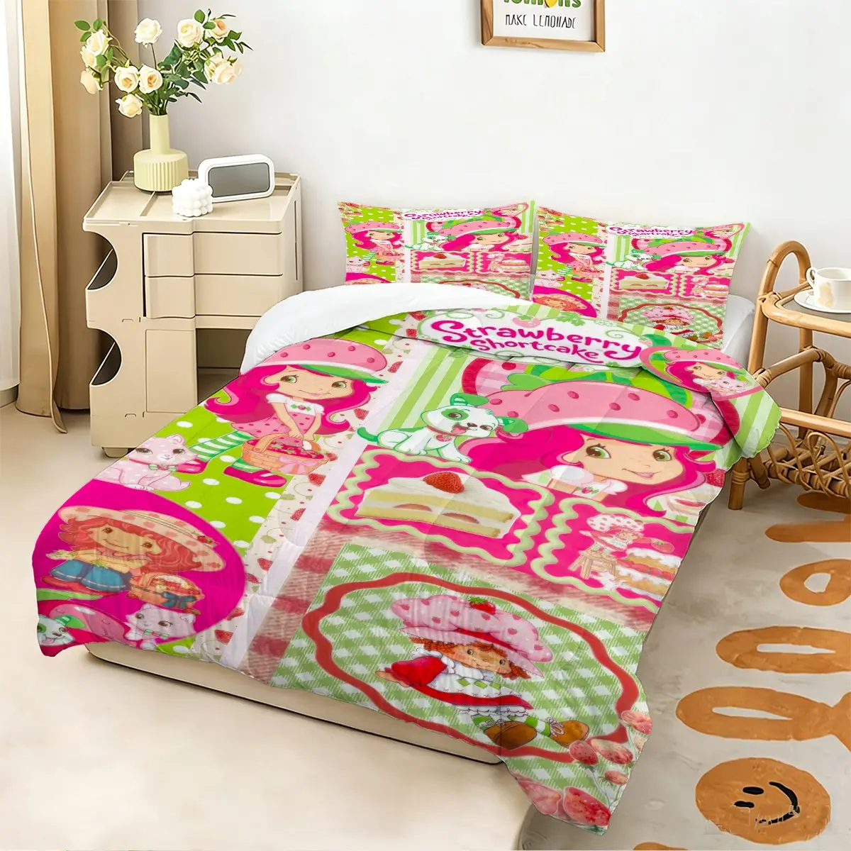 2/3Pcs Cute Strawberry Shortcake Quilt Set, Vibrant Digital Print Bedding Sets for Kids, Soft Quilted Quilt with Pillowcases, Breathable and Cozy for Girls Bedroom and Nursery Decor, 1 or 2 Pillowcase No Pillow Core,Suitable for All Seasons