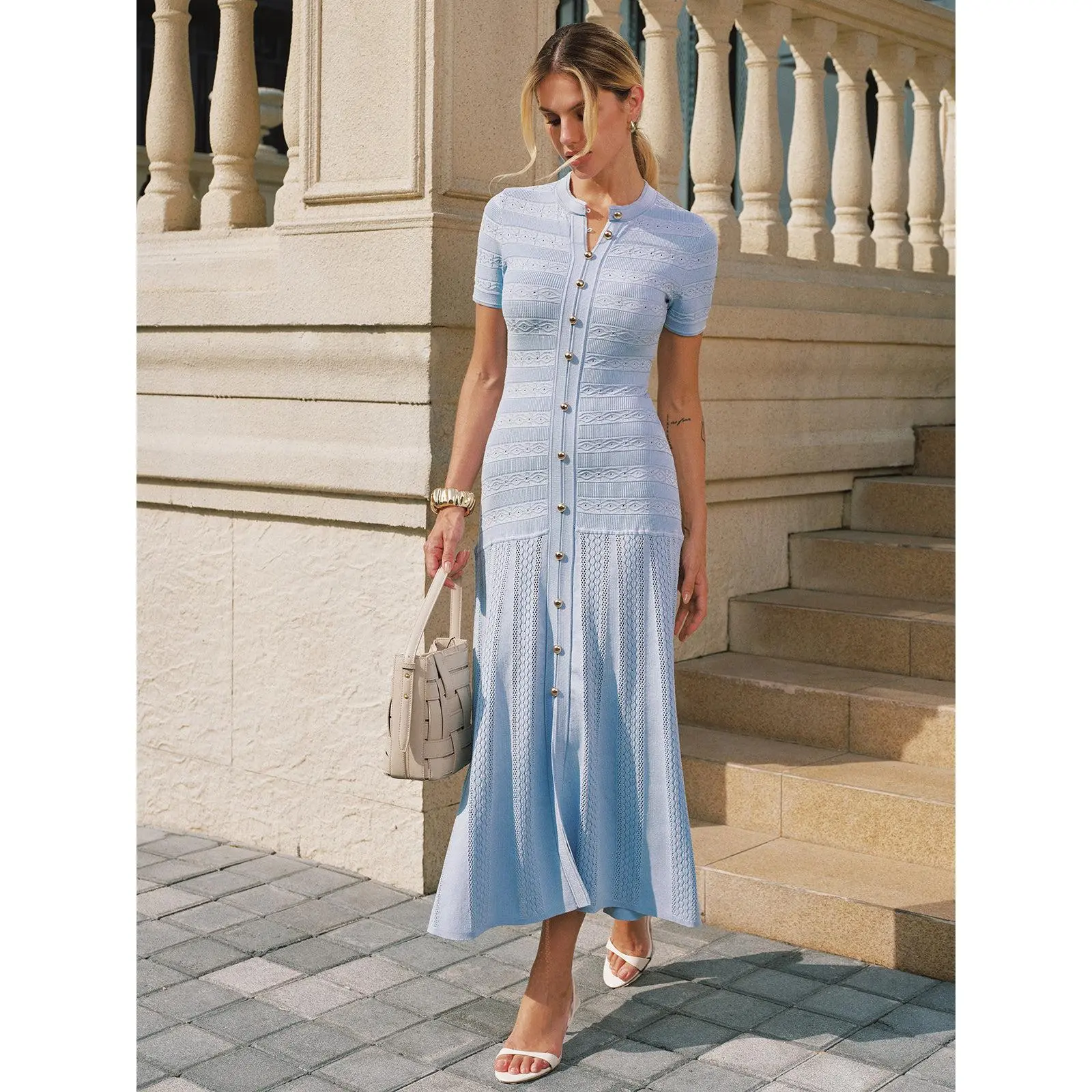 Short Sleeve Textured Knit Midi Dress