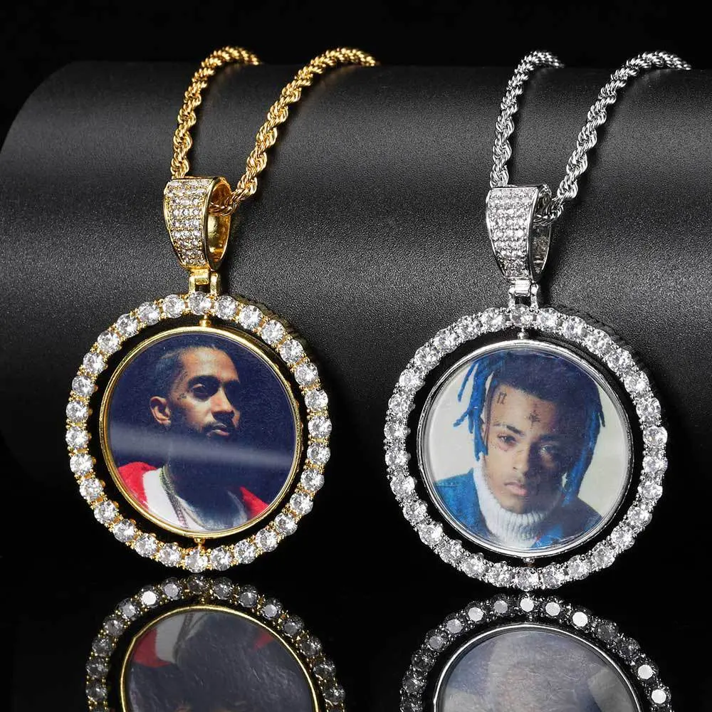 Unisex Rotatable Double-Sided Round Photo Frame Pendant Bling Necklace, Micro-Paved Zircon Costume Jewelry, European American Streetwear Casual Accessory, Custom Photo Necklace