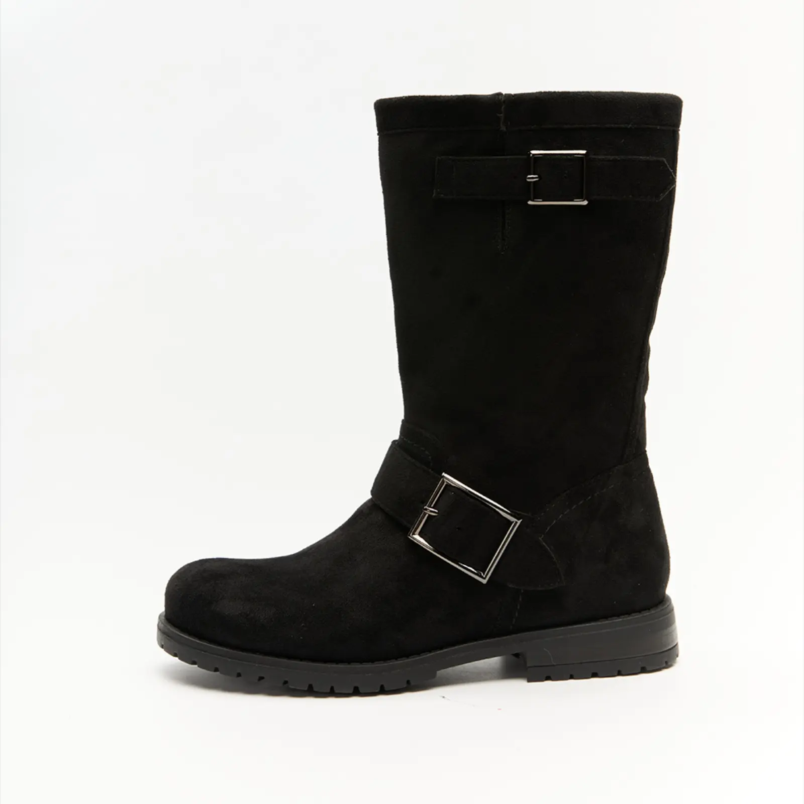 Coutgo Women Black Suede Mid Calf Motorcycle Boots, Double Buckle Flat Low Heel Combat Riding Boots, Non Slip Casual Biker Winter Boots