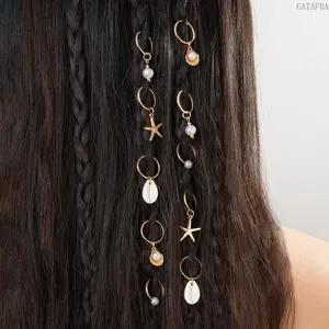 Boho Vacation Alloy Starfish Hair Accessory Set Shell Pearl Hoop Scrunchies For Women