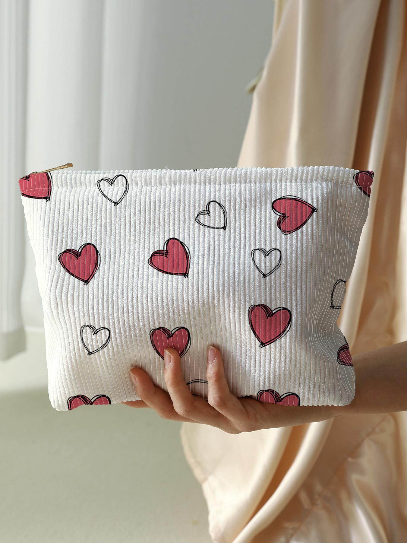 Cute Heart Pattern Makeup Bag, Multifunctional Large Capacity Cosmetic Storage Bag, Cosmetic Pouch, Handheld Cosmetic Pouch, Casual Versatile Zipper Corduroy Makeup Bag for Travel & Daily Use, Valentine's Day, Gift