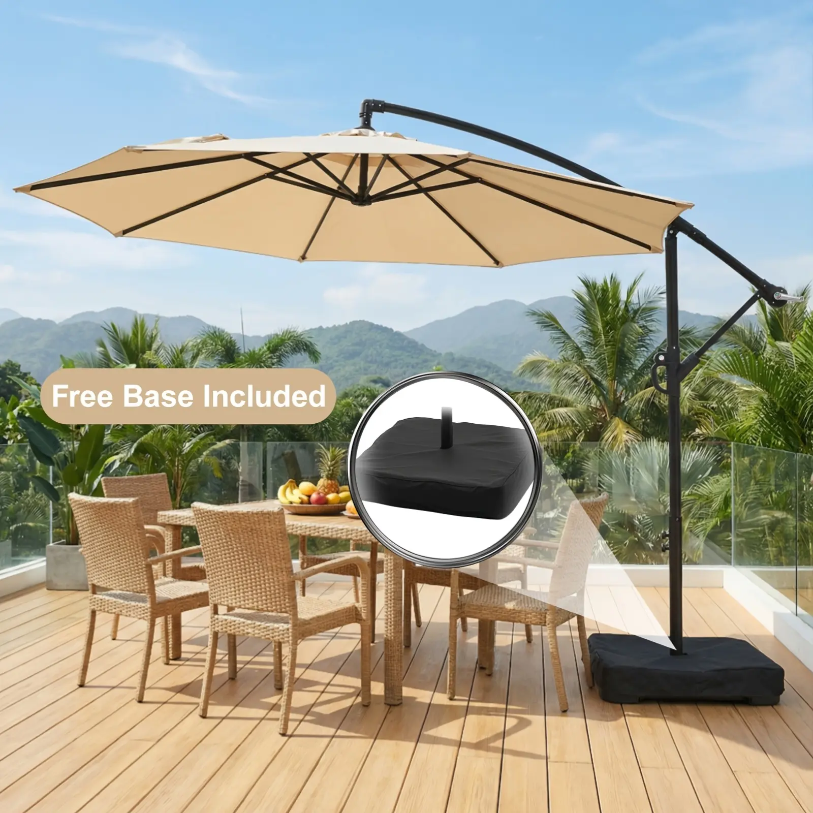 10-Foot Patio Offset Umbrella with Base, Cantilever Hanging Market Umbrella for Outdoor Use, Featuring a Crank And Cross Bases, Suitable for Patio And Outdoor Furniture, Includes Push Button Tilt, Perfect for Christmas And Halloween