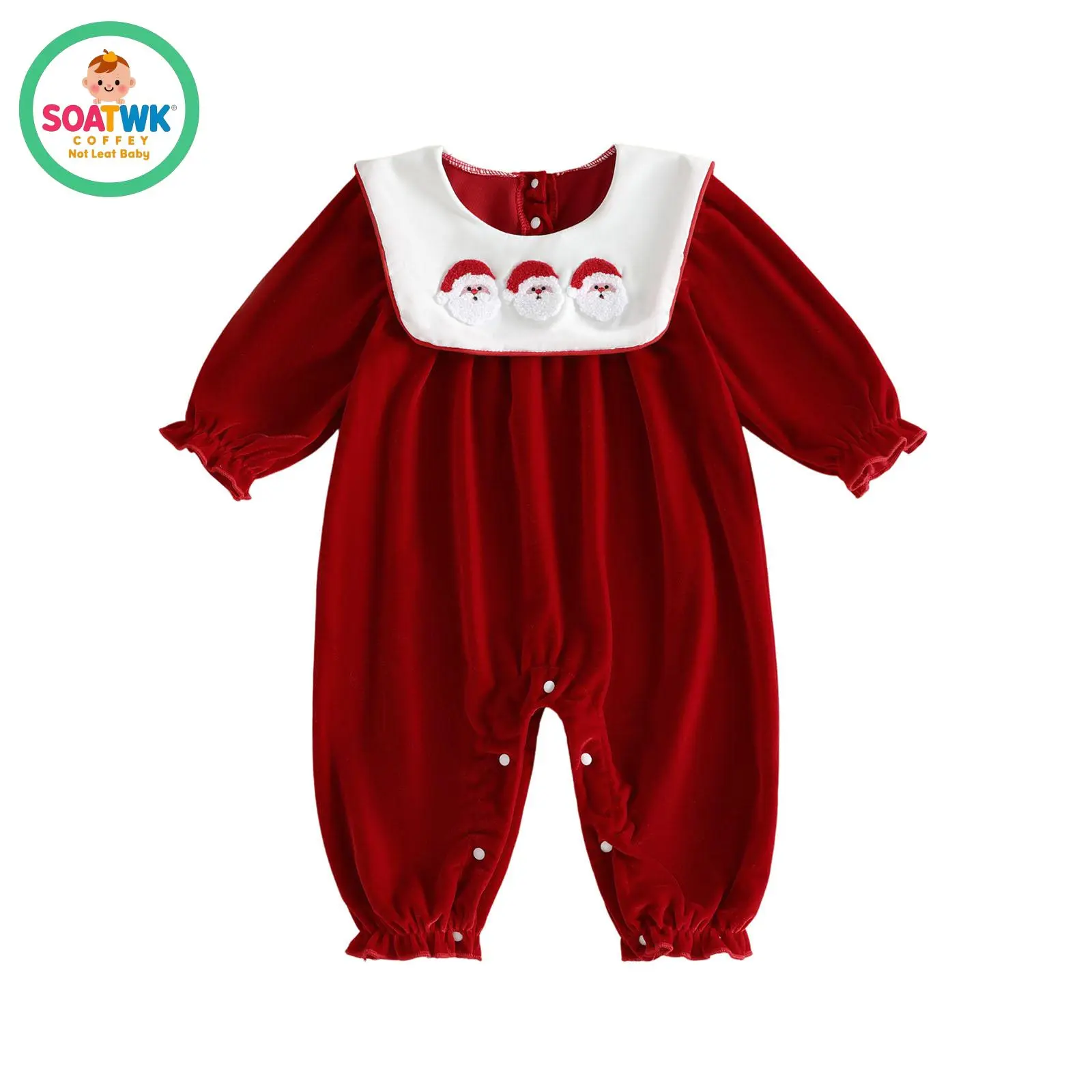 Baby Christmas Romper Tree/Santa Embroidery Crew Neck Long Sleeve Jumpsuit