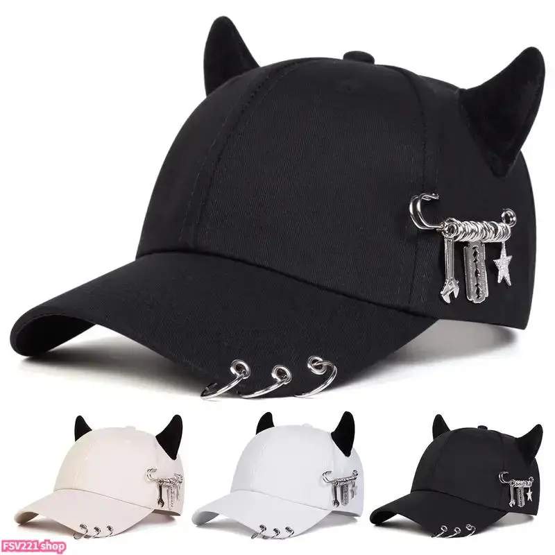 Unisex Gothic Devil Horned Hats - Adjustable Black Baseball Cap with Metal Rings, Tool Charms, Snapback Closure, All-Season Hip-Hop Streetwear Sports & Outdoor Accessory