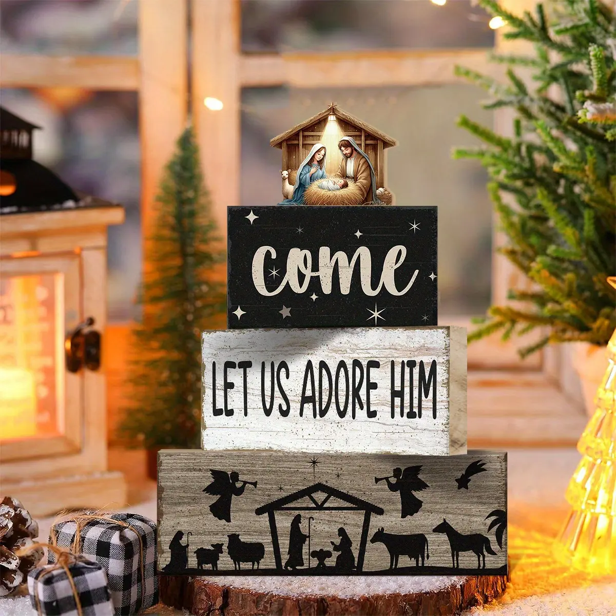 4pcs Wooden Christmas Decorative Plaques & Ornaments, Nativity Stable Tiered Tray Decor, Christmas Centerpiece, Nativity Stable Block Signs Gift, Farmhouse Winter Table Decoration for Home