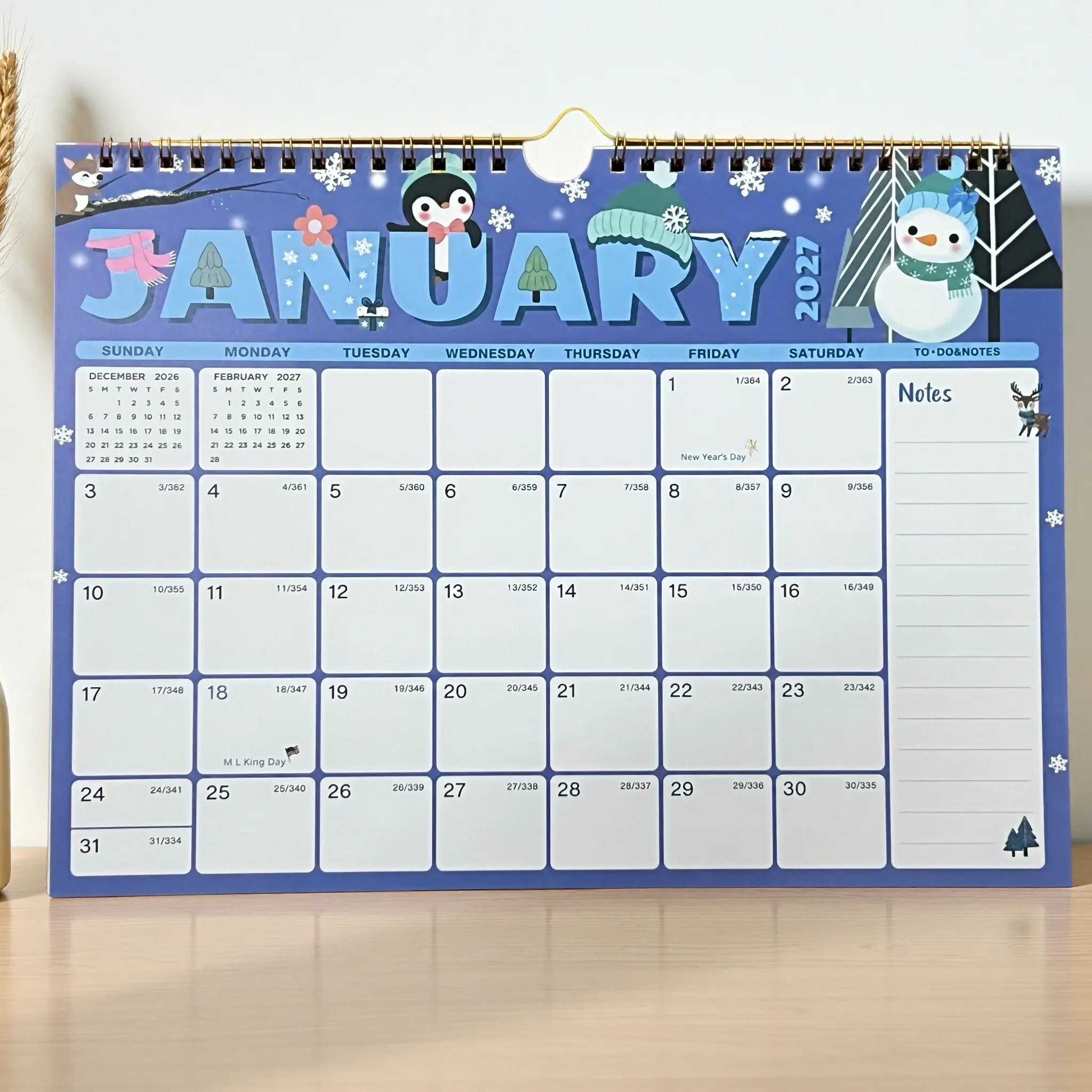 2026-2027 18-Month Calendar, Sunday Start, Holiday Markers, Mini Month Preview, Large Writing Space, Notes Section, Desk Hanging Dual Use
