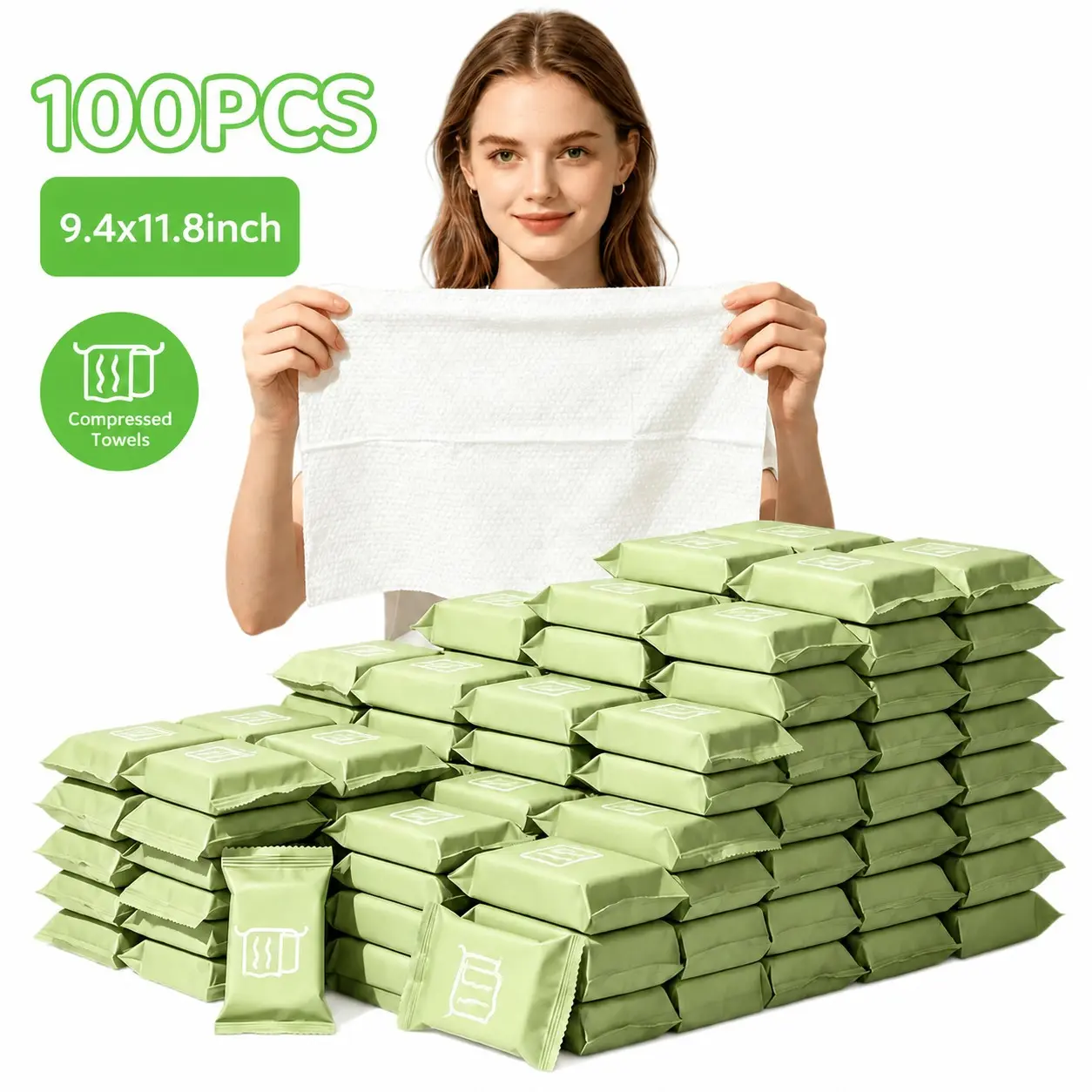 100 Counts Compressed Towels Tablets (11.8" x9.4") Disposable Face Towel | Compressed Washcloths for Travel, Soft Compressed Face Towel for Daily Use & Camping Essentials