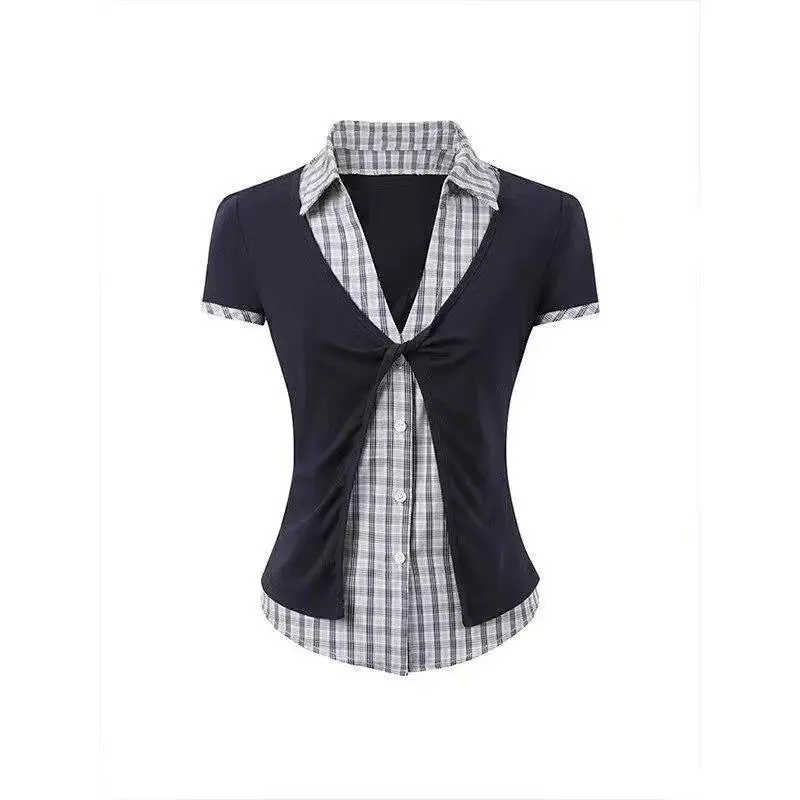American Style Vintage Patchwork Fake Two Tops Streetwear Retro 90s Shirt Women Short Sleeve Plaid Vintage Tops