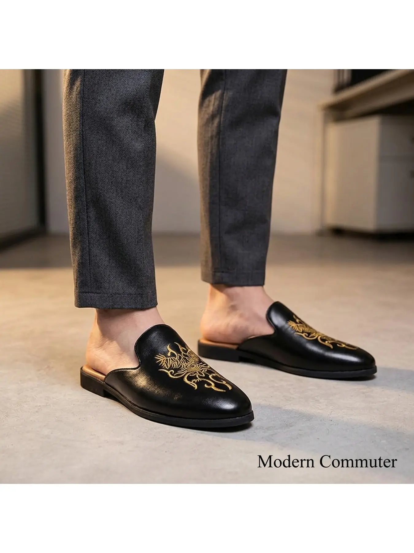 Men's Golden Embroidery Backless Mule Loafers, Slip On Flat Leather Slide Mules, Elegant Half Slippers for Casual Street & Party
