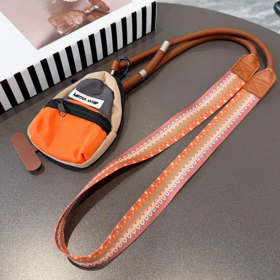 National Style Phone Lanyard Neck Hanging Coin Purse Earphone Storage Bag Mini Wallet Anti-theft Contrasting Color Small Key Bag