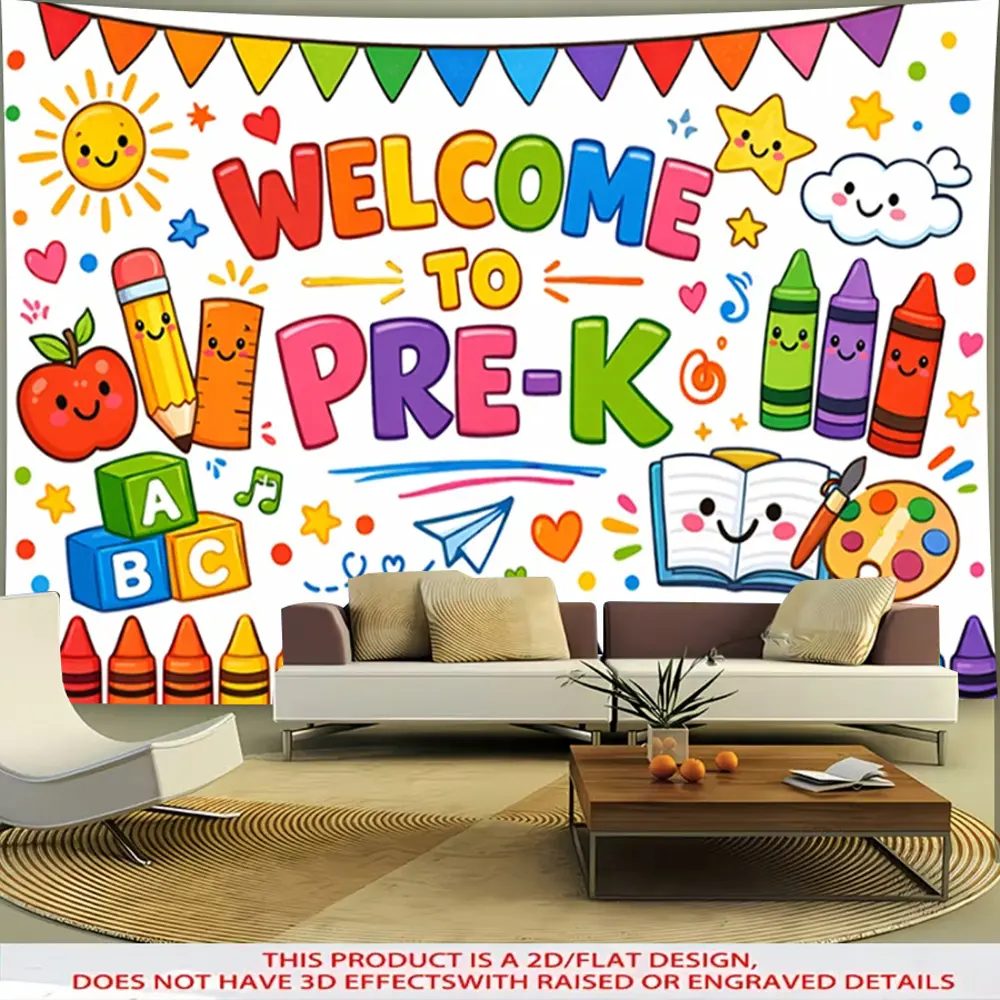 2D Flat Banner HD digitally printed polyester photography backdrop, cute welcome pre-k back to school themed background cloth, soft lightweight foldable, suitable for school opening event photos, studio portrait shooting, indoor v