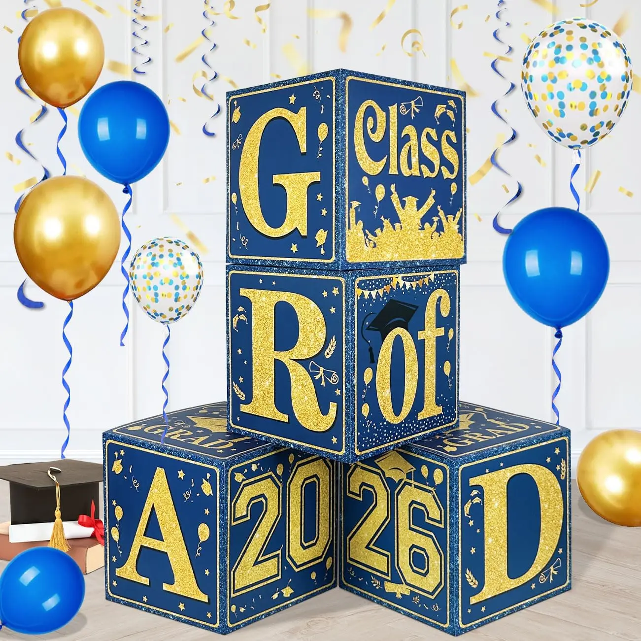 Blue and Gold Graduation Decorations Class of 2026 Graduation Boxes Royal Blue Congrats Grad Balloon Boxes for High School College Grad Party Supplies (Blue Gold)