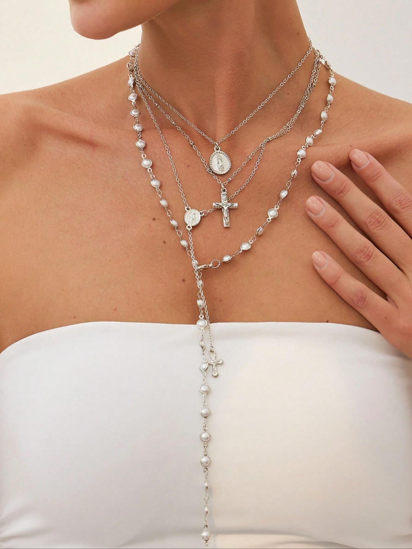 4 Piece Vintage Metal Jesus Cross Y-Style Long Necklace Set, Stunning Bohemian Colorful Crystal Pendant for Women, Perfect for Everyday and Vacation Wear, Layered Necklaces