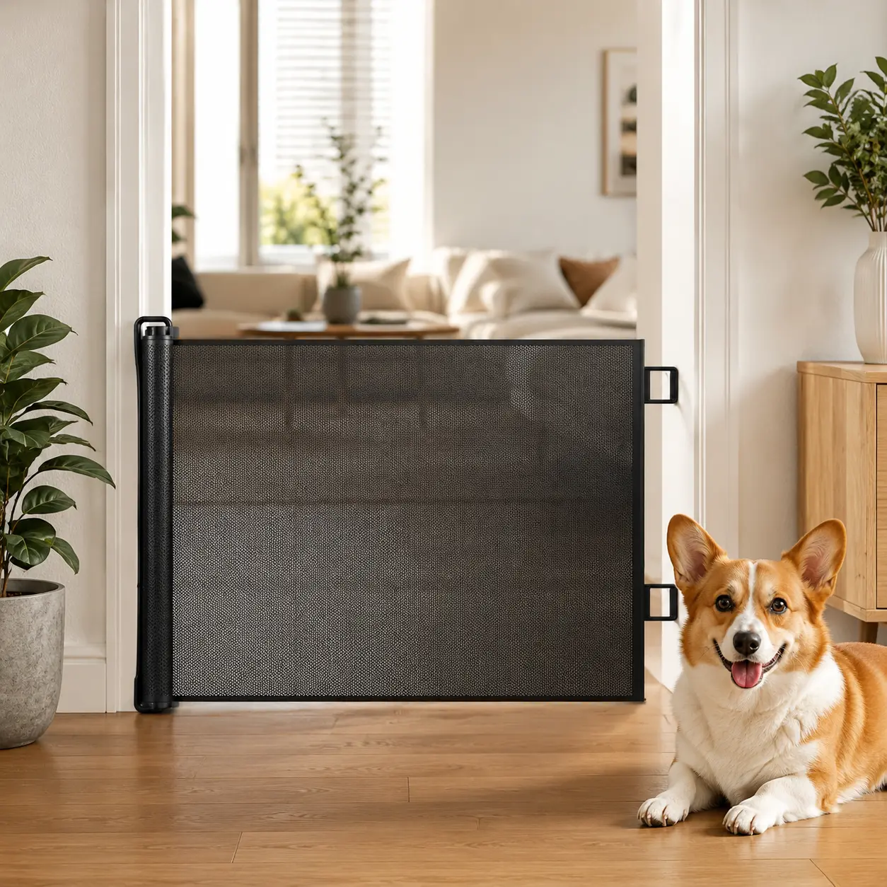 Retractable Pet Gate, Auto Roll Dog Gate for Indoor Stairs Doorway, Drill Free Mesh Baby Gate, Breathable Scratch Resistant Pet Isolation Barrier for Small Medium Dogs Cats