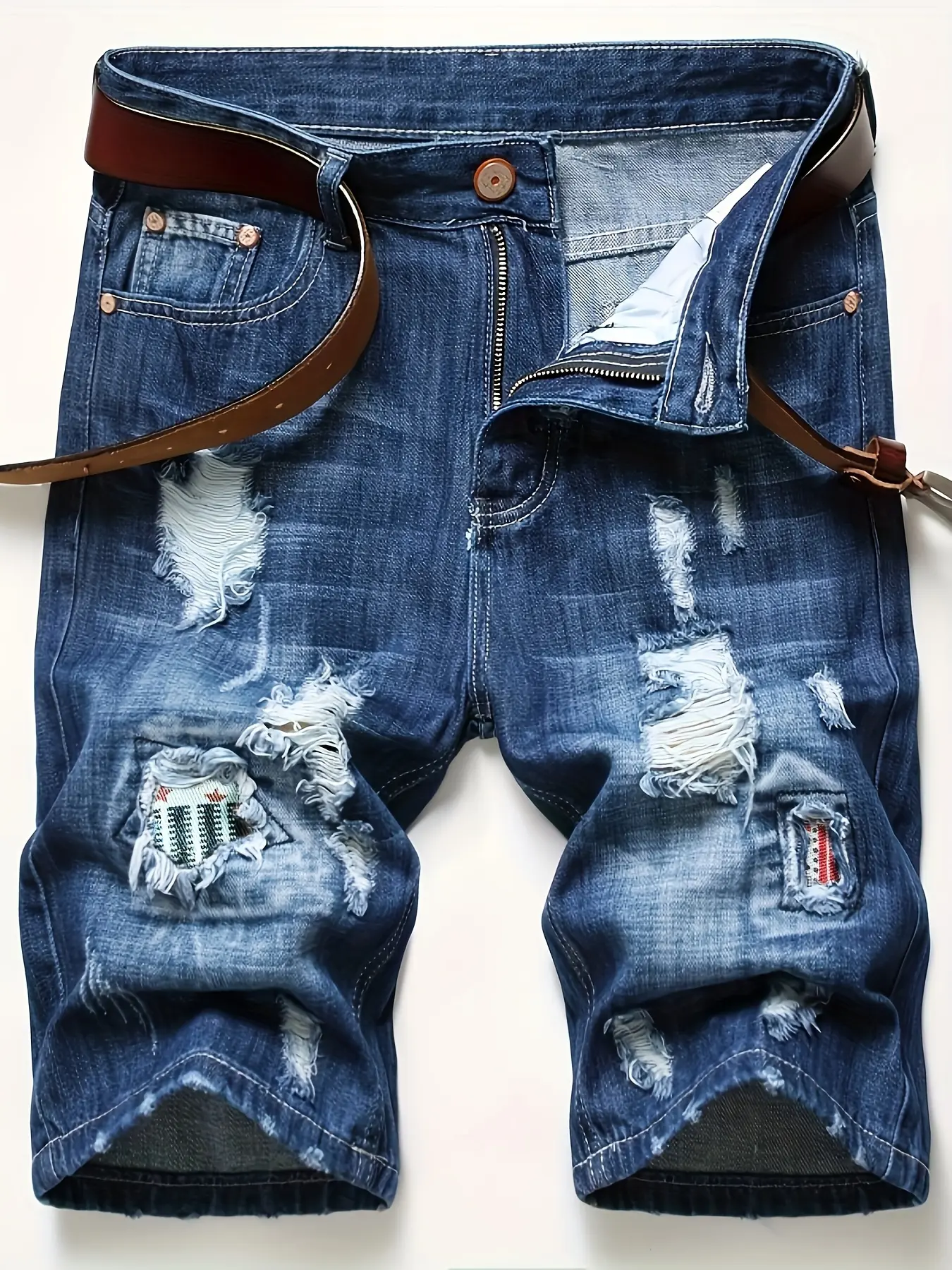Men's Vintage Washed Distressed Ripped Denim Shorts, Plaid Patchwork Hole Frayed Hems Straight Knee Length Jorts, Y2K Hip Hop Streetwear Casual Jean
