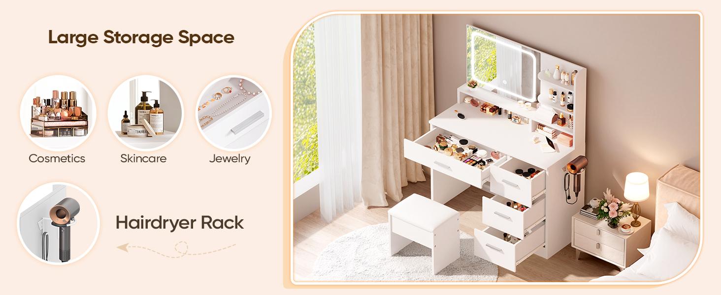 Makeup Vanity Desk with Smart LED Mirror & Charging Station 35.4" White Vanity Table Set with Cushioned Stool 4 Drawers Hairdryer Rack Modern Bedroom Dressing Table White chair light