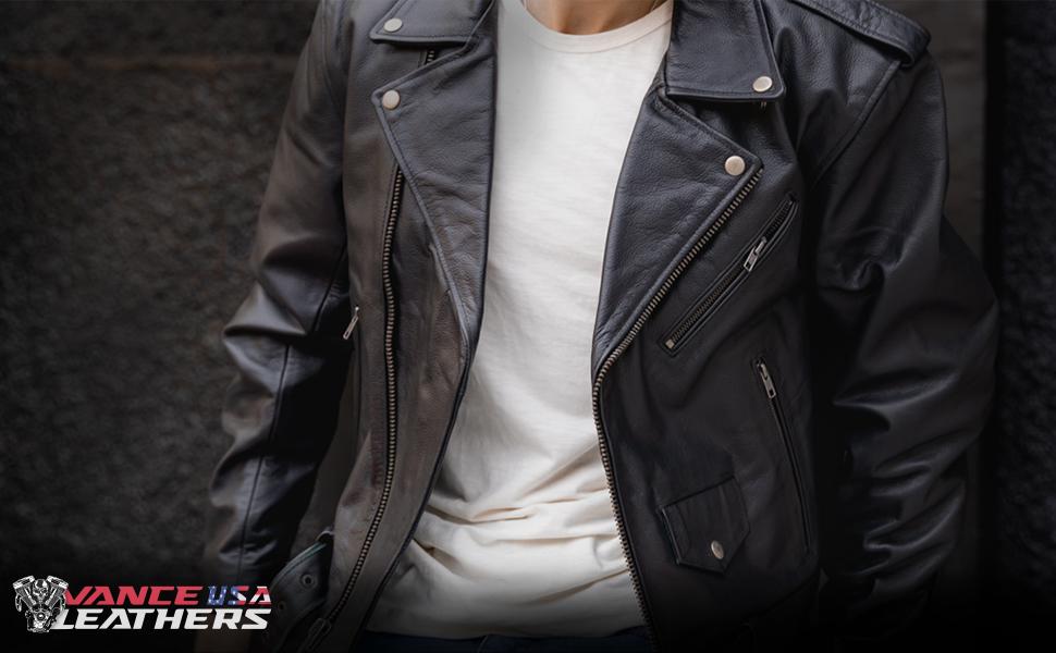 Mens Premium Cowhide Conceal Carry Insulated Liner Side Laces Classic MC Motorcycle Biker Black Leather Jacket