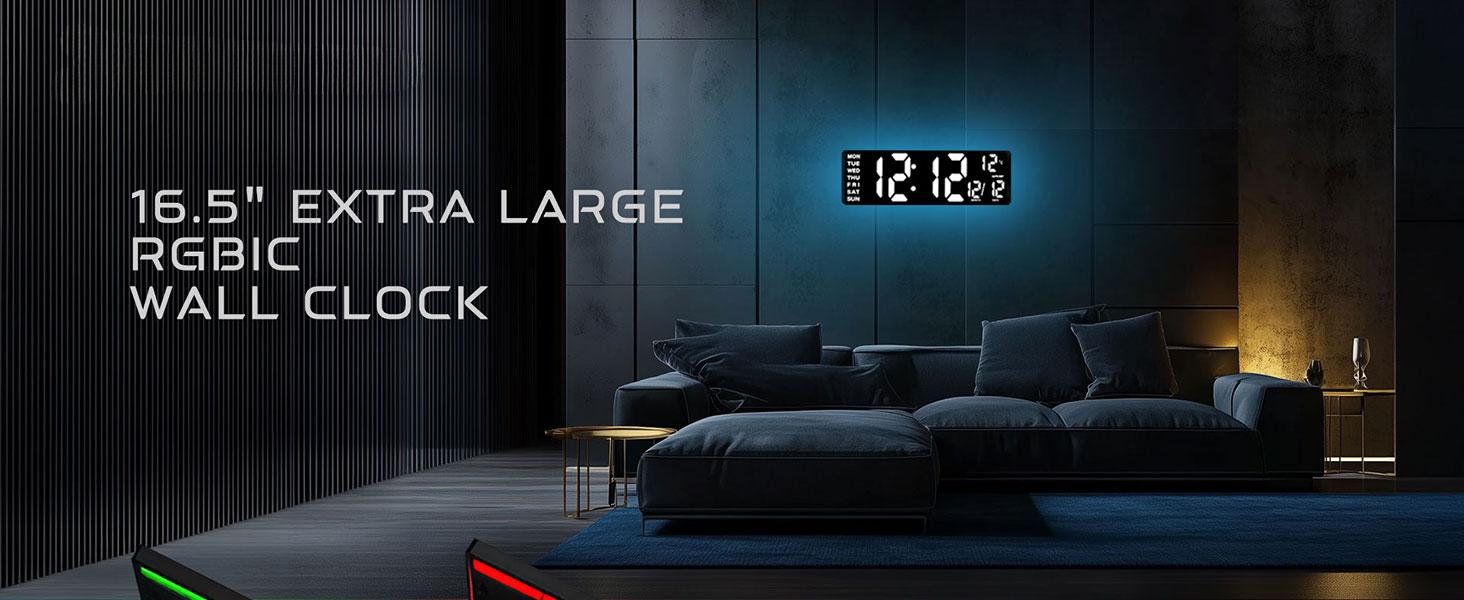 16.5" Large Digital Wall Clock with BT Sync, RGB Lights with 11 Scenes Mode Remote Control, Dual Alarms with Big LED Display, Auto DST, Temperature for Classroom Gaming