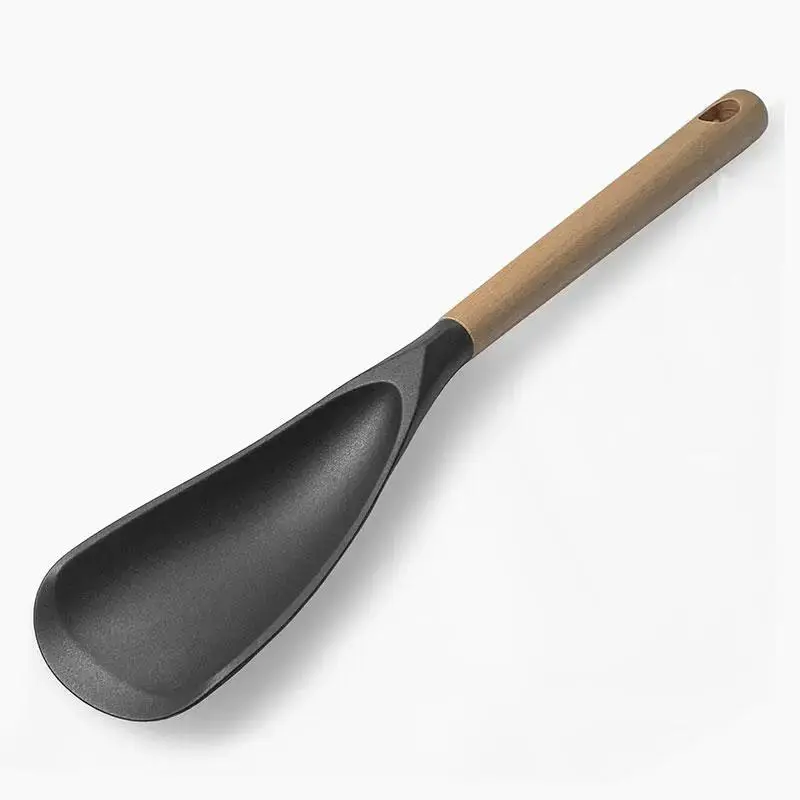 Heat Resistant Silicone Cooking Spoon with Wood Handle - Non-Stick BPA-Free Serving Spoon for Daily Kitchen Cooking
