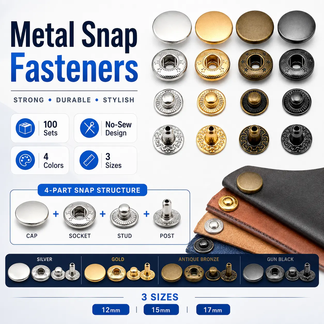 100 Sets Iron Metal Snap Fasteners - No-Sew Snap Buttons for Clothing Repair, Leather Bags, DIY Home Supplies Projects
