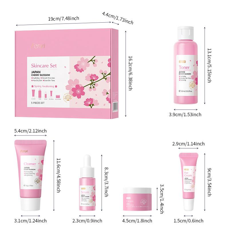 Japanese Cherry Blossom Skincare Set 5 Pieces, Deep Cleansing Hydration, Brightening Skin Tone, Soothing Repairing Facial Care