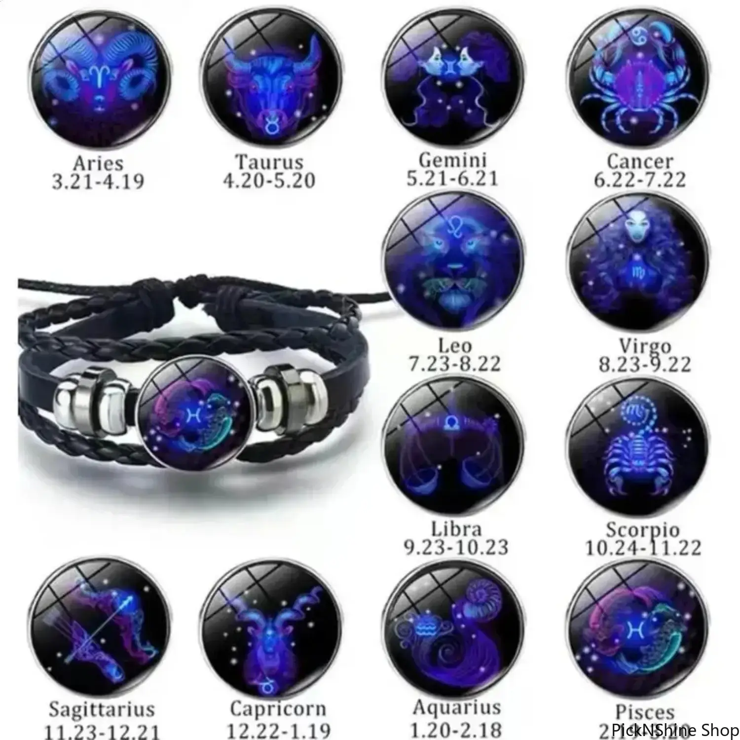 Zodiac Constellation Bracelet, Adjustable Black Leather Wrap with Mysterious Glow-in-the-Dark Glass for Women, Fashionable Valentine's Day Party Gift, Glowing, Style, Aries
