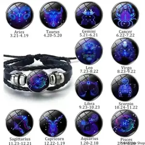 2026 Zodiac Signs Spirit Bracelet - Adjustable 12 Constellation Black Leather Wrap Bracelet for Women Men with Positive Energy Glow-in-the-Dark Design Valentine’s Day Gift