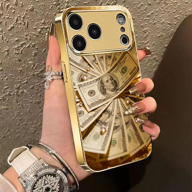 Creative Dollar Bill Elements and Diamond Pattern Electroplated Anti-fall Phone Case, Suitable for Holiday Gifts,for iPhone 17 Pro Max Phone Case 17 Air 16E 16 Pro Max 15 Pro Max 15 Plus 14 Plus 13 12 11 Phone Cases