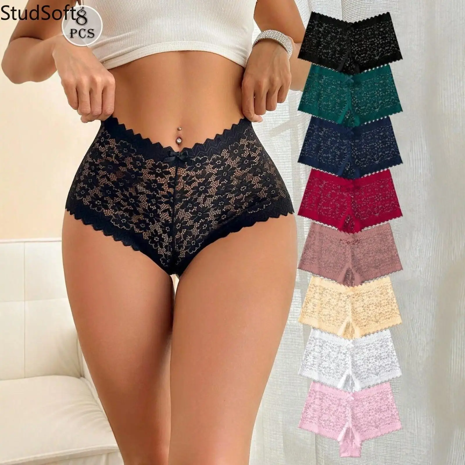Women's 8-Pack Lace Underwear, High-Waist Floral Boyshort Panties with Full Coverage, Soft Stretchy Fabric for Gym & Daily Comfort, Floral Hipster