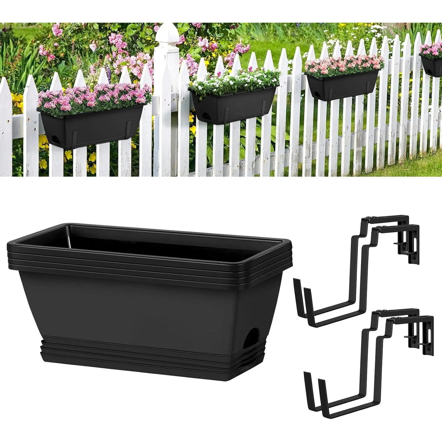 4 Pack Window Boxes Planters 17’’ Railing Planter Box with Adjustable Brackets, Deck Railing Hanging Flower Pots Rectangular Herb Planter for Outdoor Fence Garden, Balcony Decor