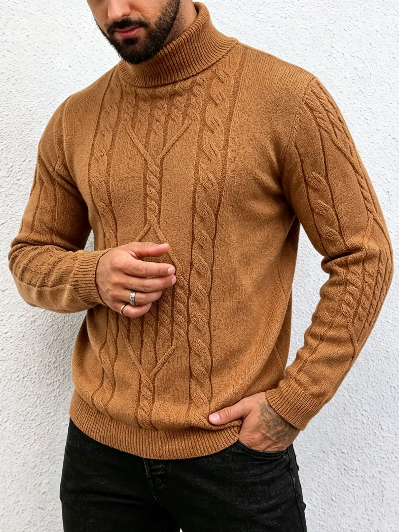Men's Casual Knit Sweater, Round Neck, Vintage British High Neck Cable Knit, Simple and Versatile, Perfect for Fall & Winter