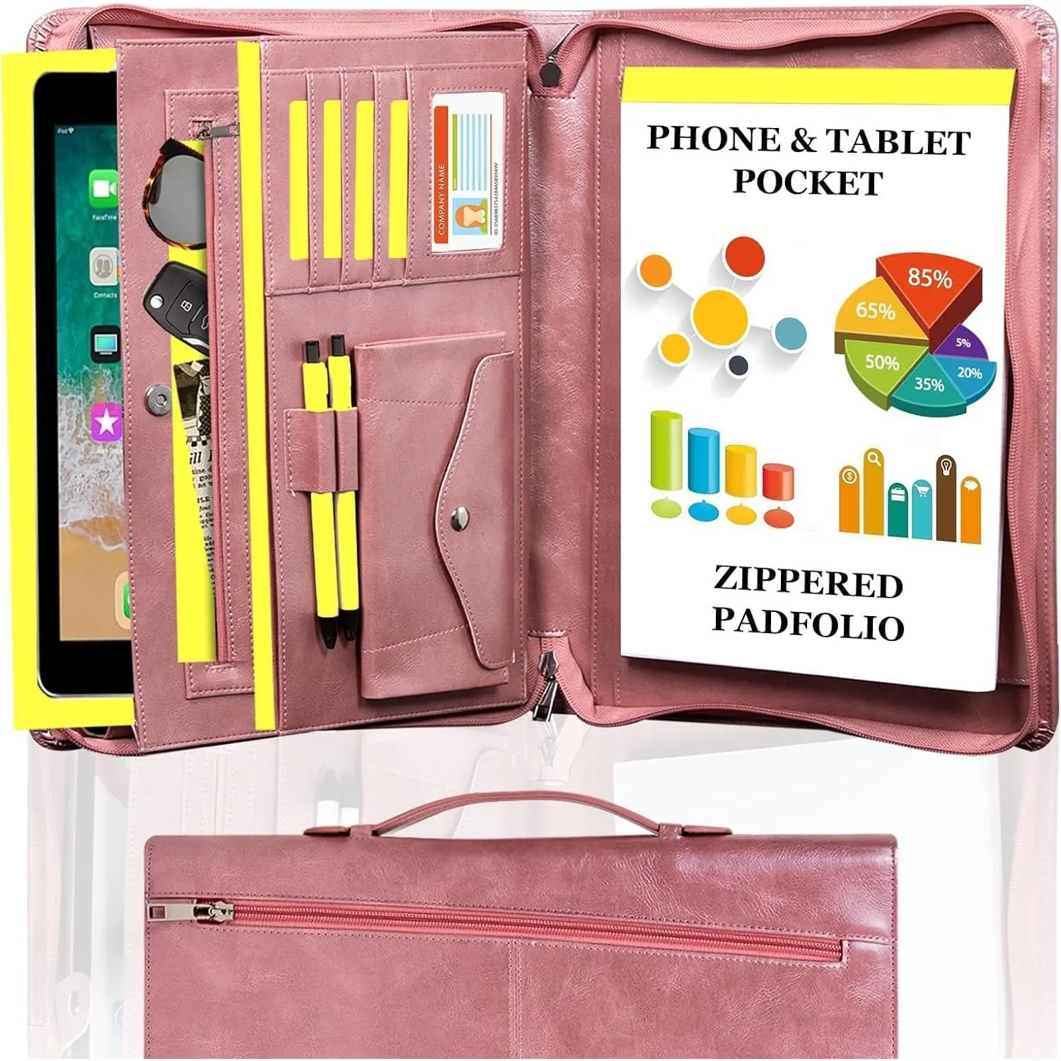 Portfolio Binder,  Padfolio with Handle and Zipper,Leather Padfolio for Women,Professional Business Portfolio Organizer with A4 Notepad Holder for School,Work