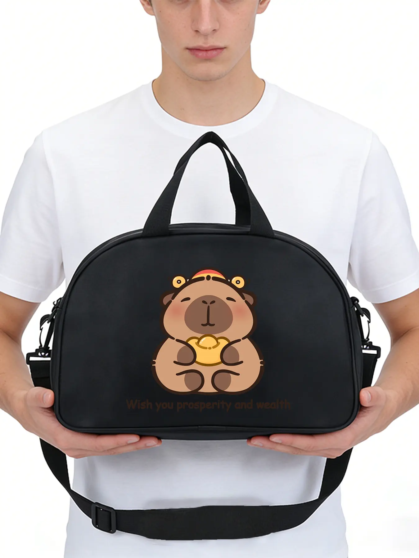 Capybara "Wishing You Wealth" Pattern Multi-functional crossbody bag, shoulder bag for daily sports,yoga and dance bag, travel accessory, convertible crossbody and hand-held design, casual style, perfect gift.