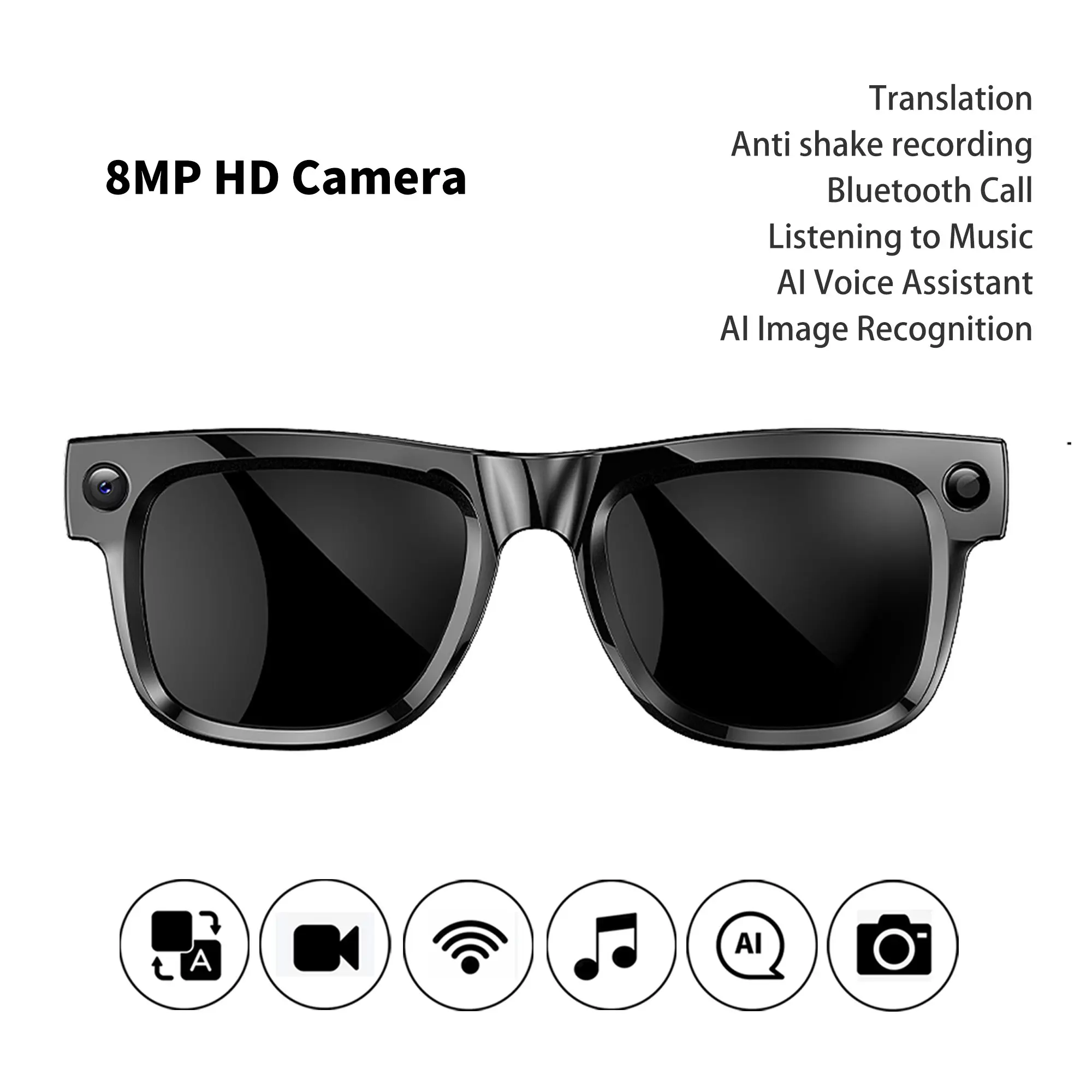 Men's multifunctional smart glasses, equipped with an 8MP anti shake camera, hands-free video recording, 4GB memory, 290Mah battery, AI multilingual translation, Bluetooth calling, HiFi audio, music control, wearable AI glasses, wireless glasses
