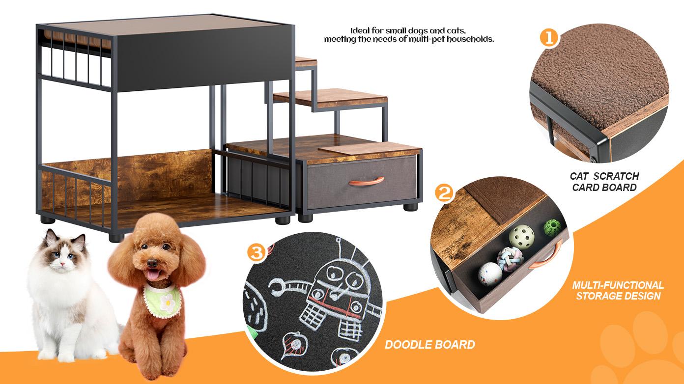 Pet Step Window Perch,Bunk Beds Window Perch for Dogs Bedside Lounge Elevated Dog Bed Multi-Level Platform with Sponge, Non-Slip Pad and Storage,Vintage