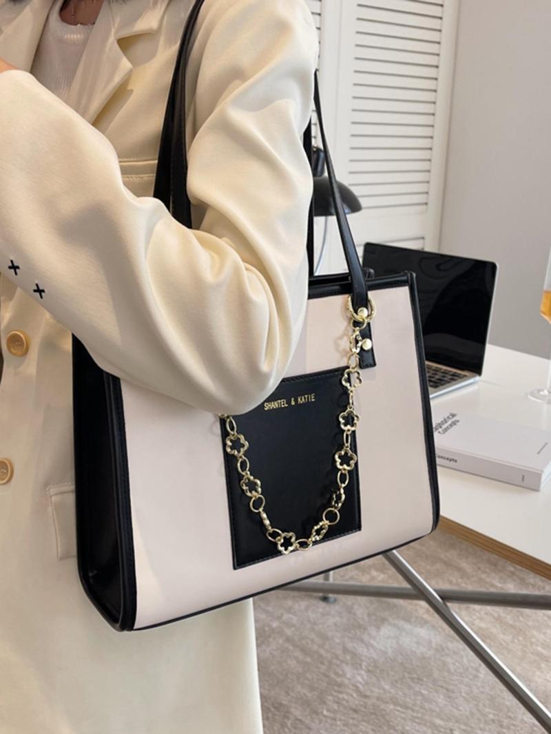 Fashion Chain Decorated Tote Bag As Summer Outfits 2024, Elegant Colorblock Letter Label Design Shoulder Bag for Women, All-match Commuter Bag for Work & Daily Used