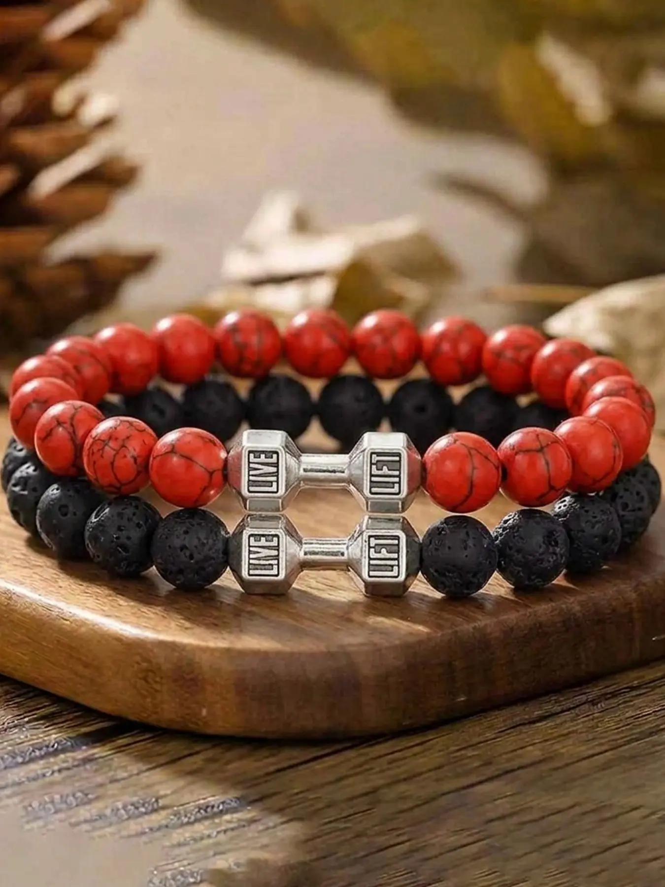 2-piece dumbbell couple bracelet, natural lava stone bead bracelet, unisex daily decoration beaded bracelet, fitness matching bracelet set, birthday gift for boyfriend and girlfriend
